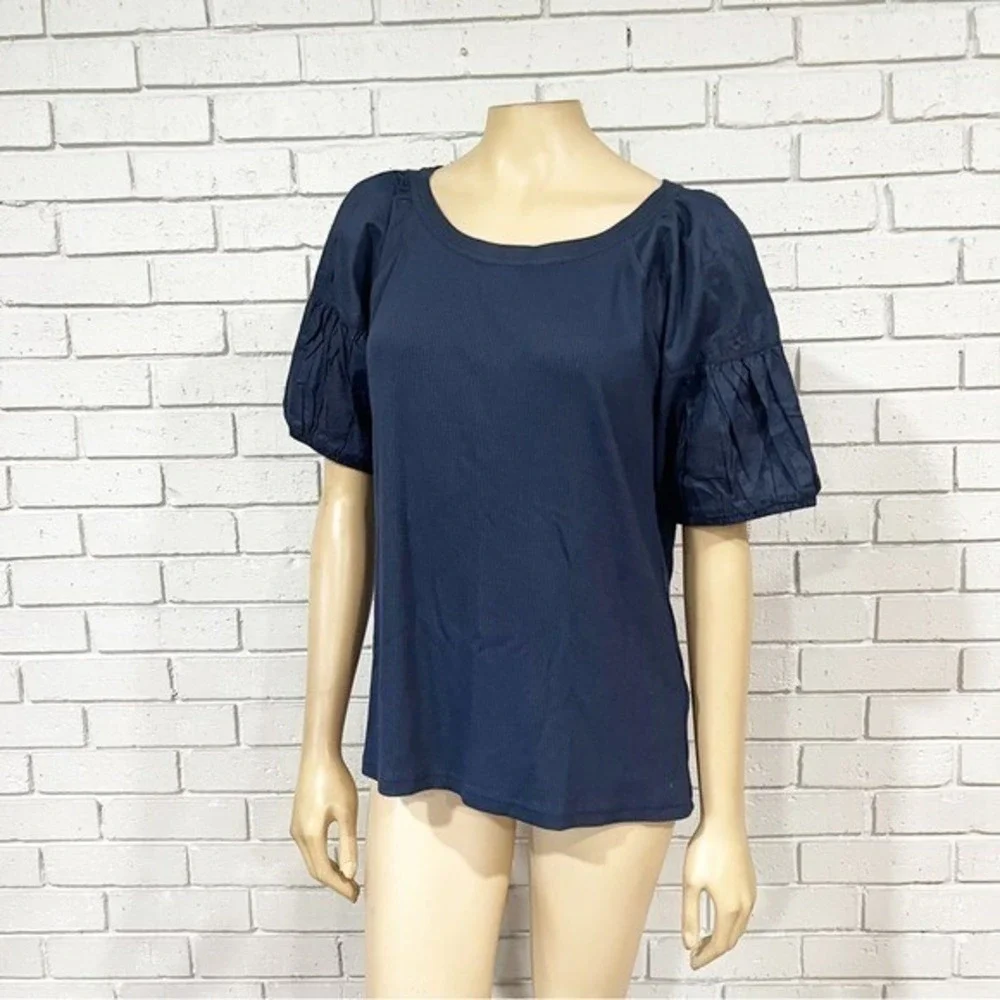 J.Crew Navy Blue Ribbed Mixed Media Puff Sleeve Scoop Neck Top |‎ Size XL